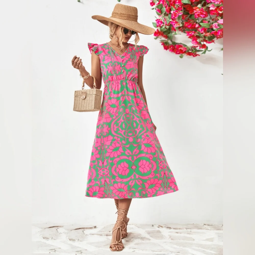 Floral V-Neck Cap Sleeve Dress - Picture 7 of 9
